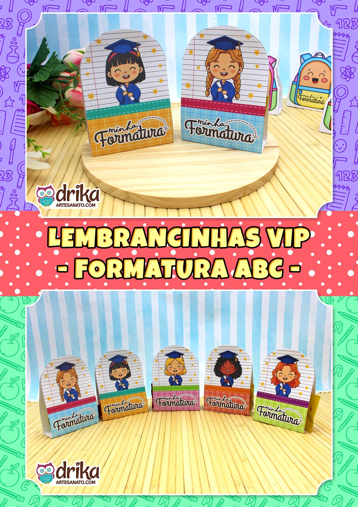 Porta-bombons formatura ABC meninas cute em mesa de bambu, com fundo temático e texto "Lembrancinhas VIP".