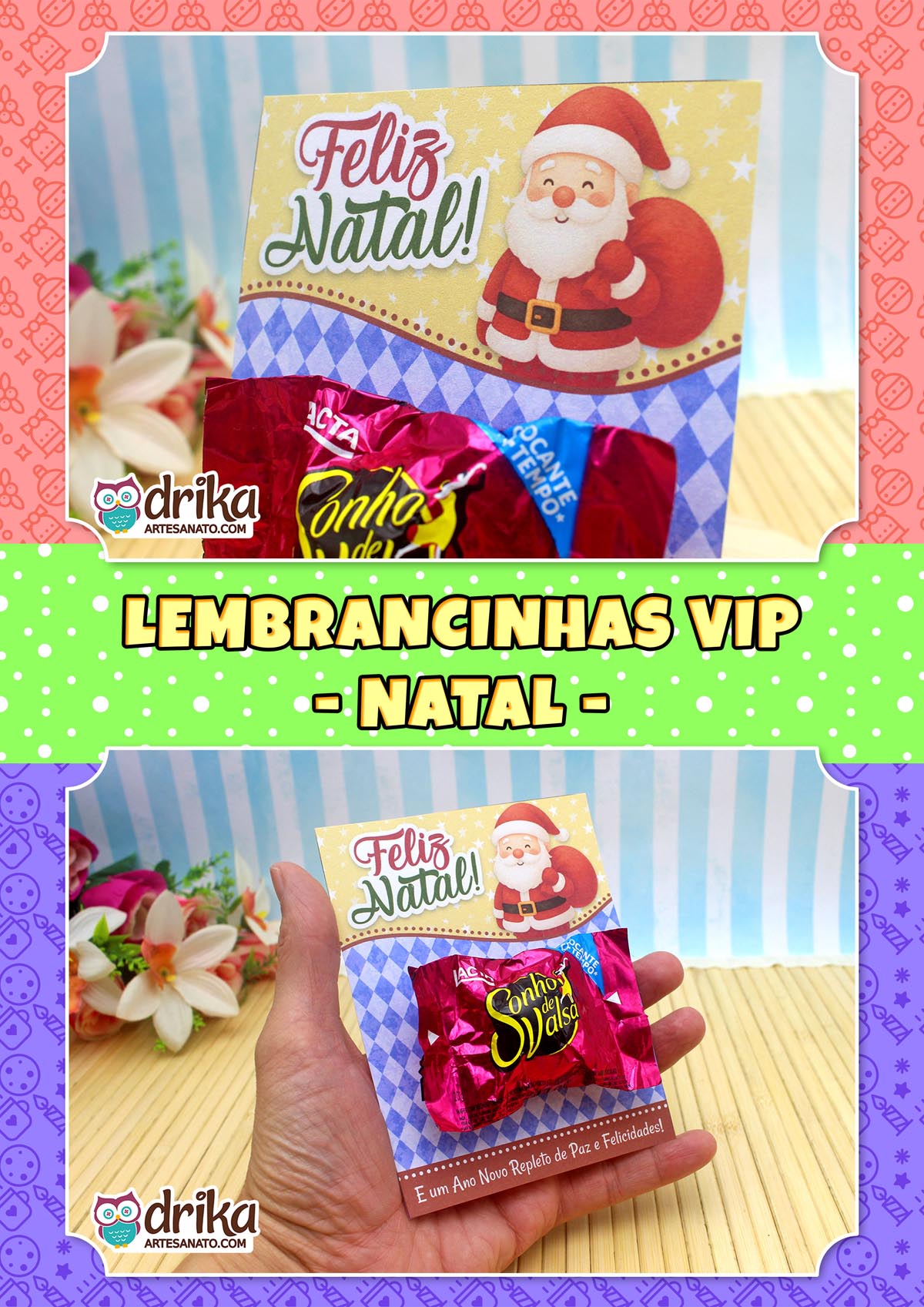 Montagem com cartão porta-bombom de Papai Noel e texto "Lembrancinhas VIP - Natal" em fundo festivo
