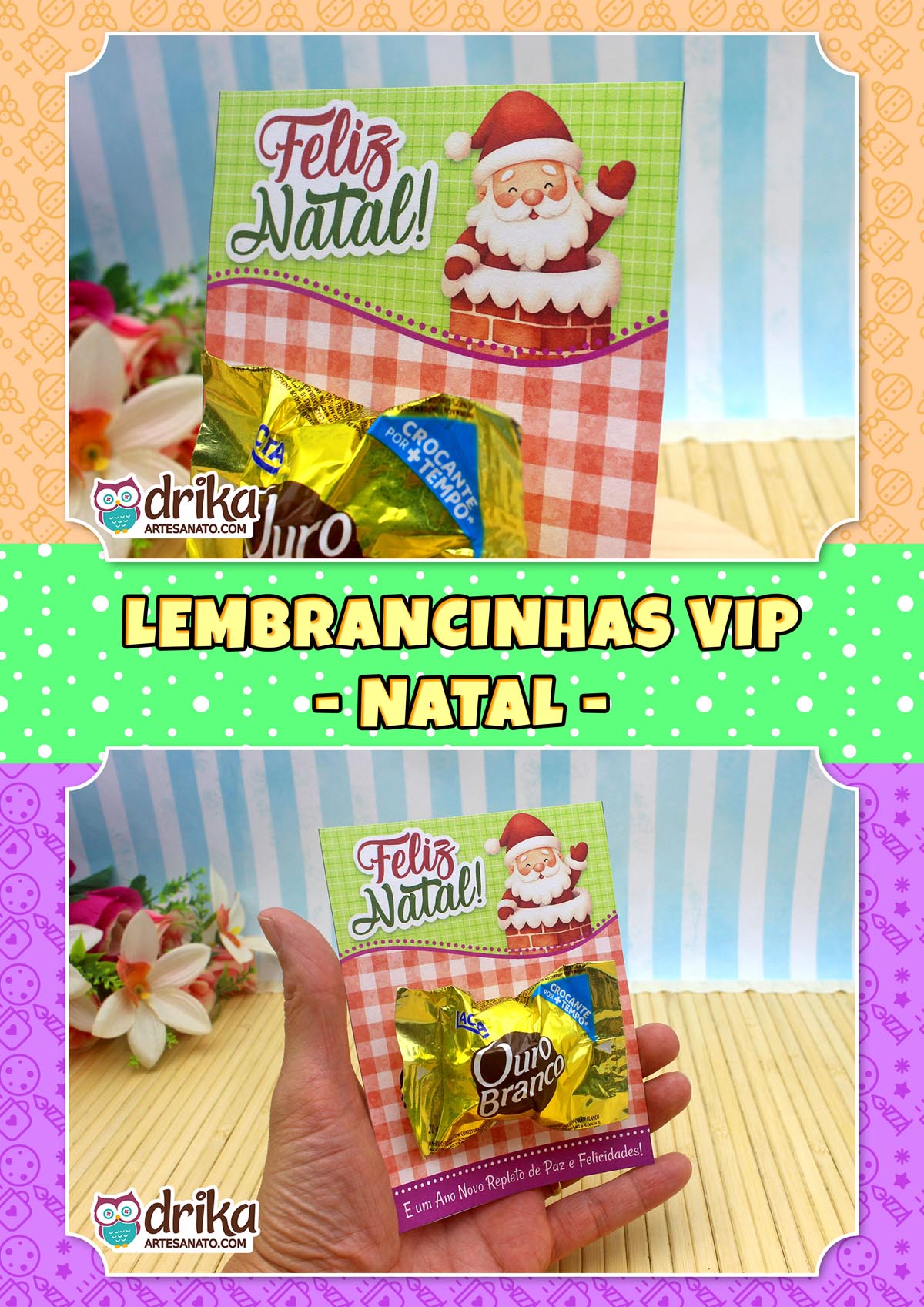 Montagem com cartão porta-bombom Papai Noel e texto "Lembrancinhas VIP - Natal" em fundo festivo.