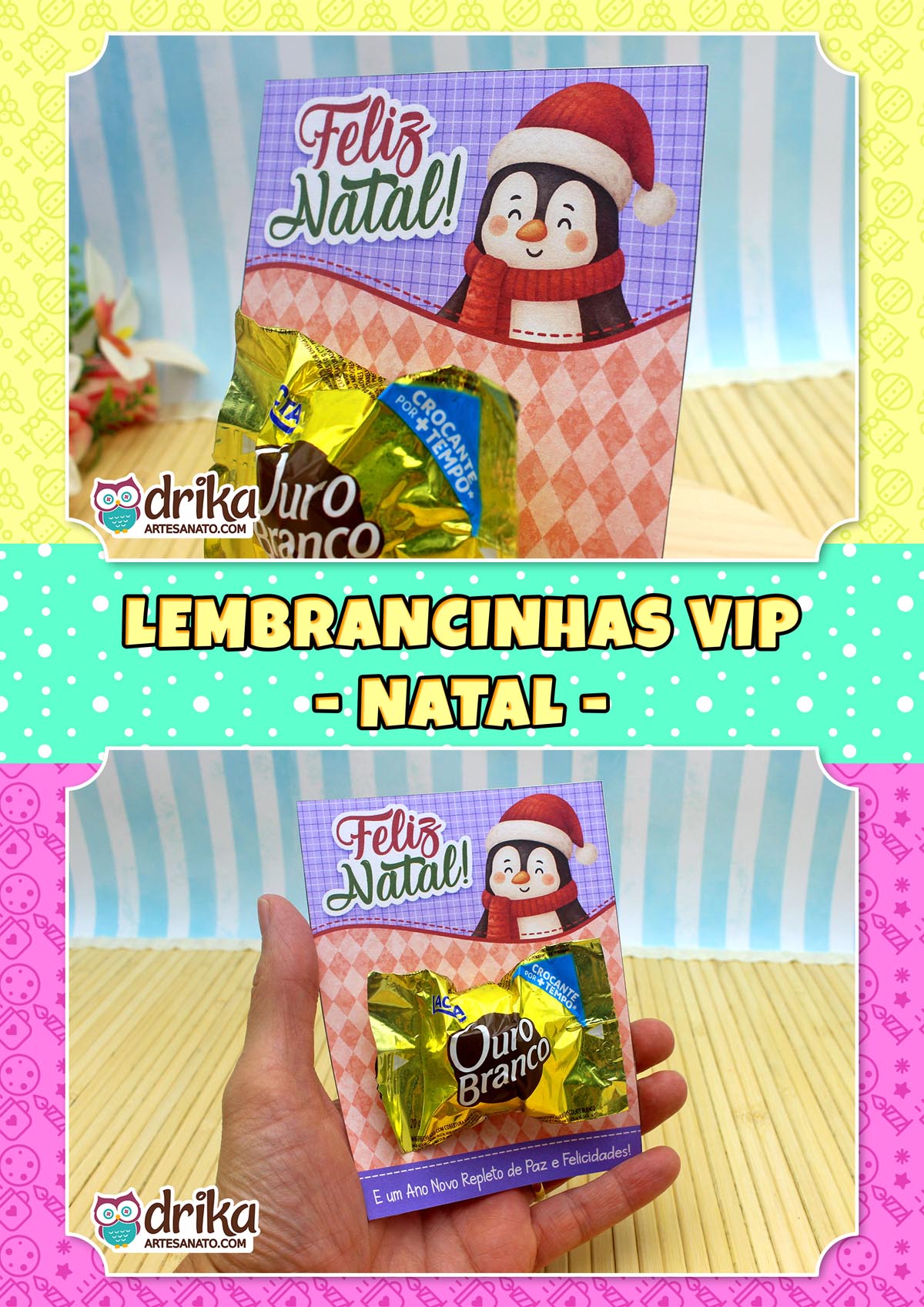 Montagem com dois cartões porta-bombom de pinguim com selo "Lembrancinhas VIP - Natal" em fundo rosa.