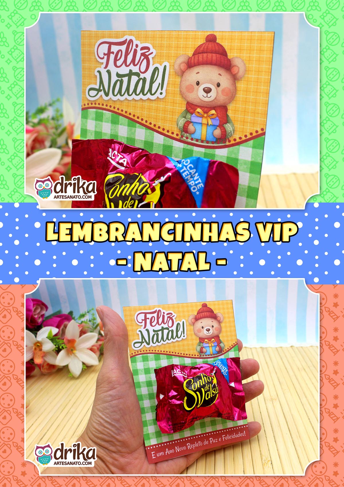 Montagem com close-up de cartão porta-bombom de urso e mão segurando o mesmo cartão em fundo natalino