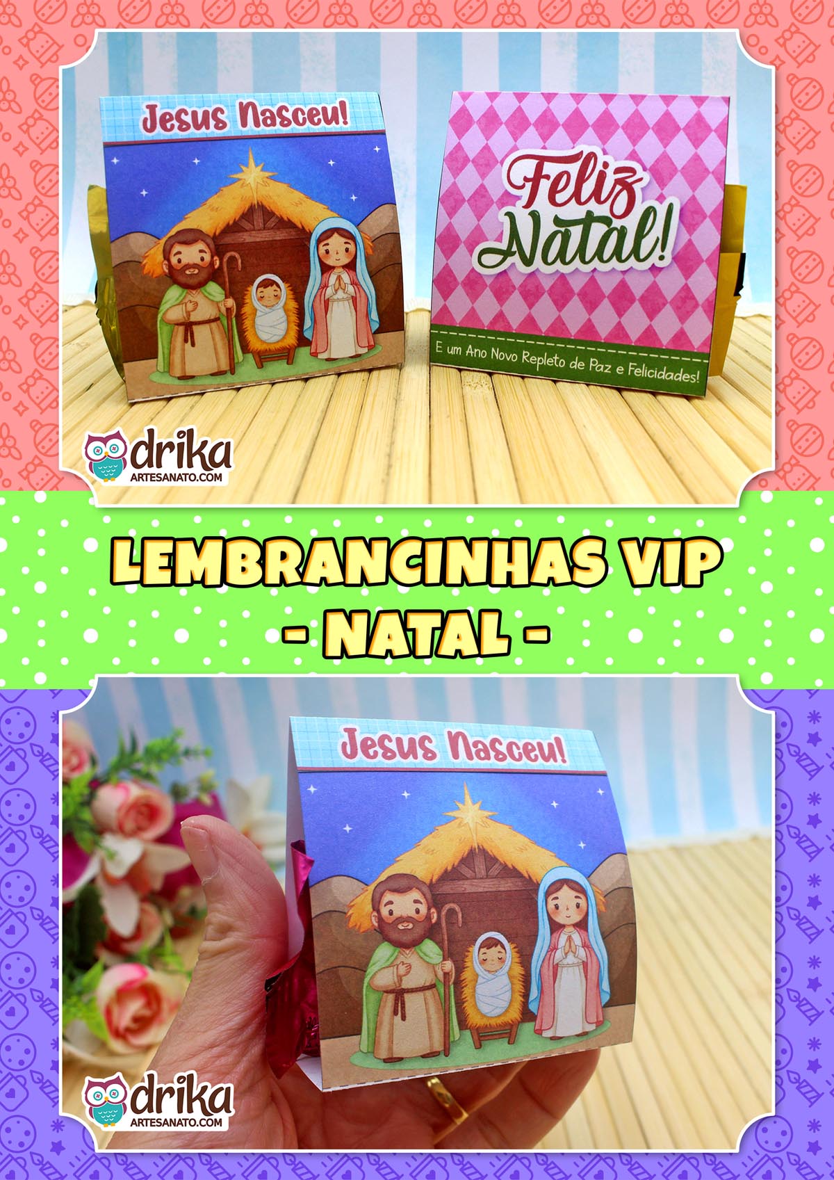 Montagem com dois porta-bombons natalinos e texto "Lembrancinhas VIP - Natal" em fundo verde poá