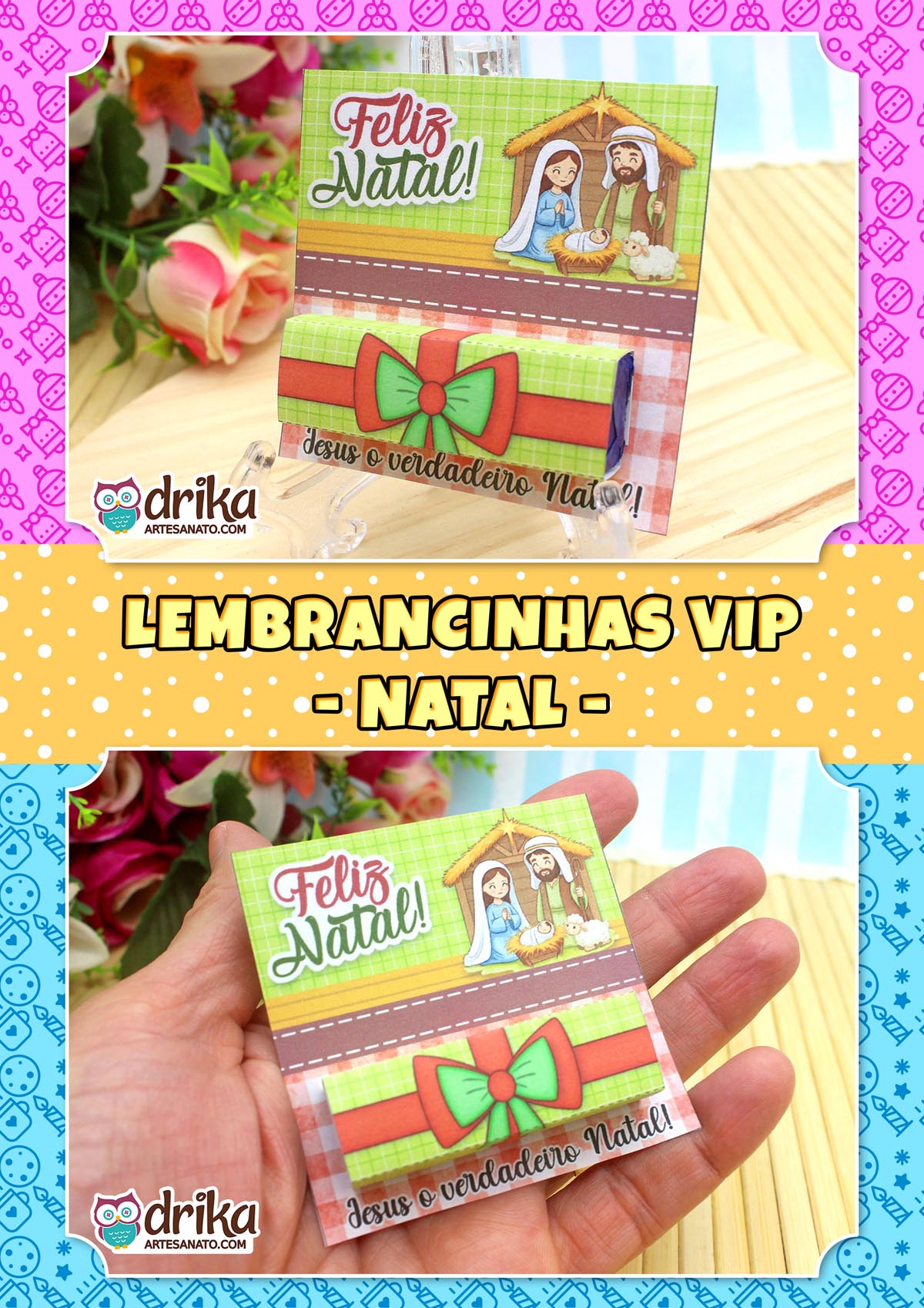 Porta-bis natalino com a Sagrada Família e laço, com fundo festivo e texto "Lembrancinhas VIP - Natal".