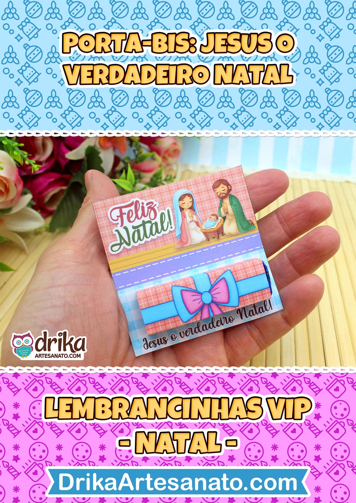 Porta-bis natalino na mão com selo "Lembrancinhas VIP - Natal" e chamada para ação