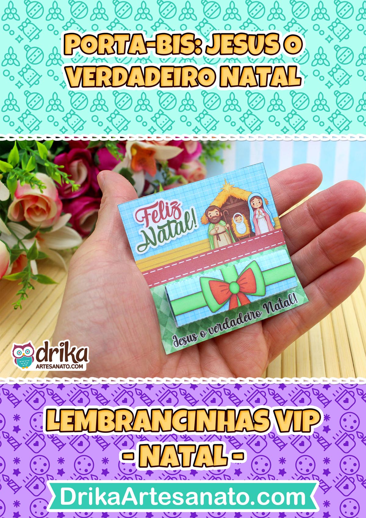 Mão segurando porta-bis natalino com a Sagrada Família, com fundo festivo e texto "Lembrancinhas VIP - Natal".