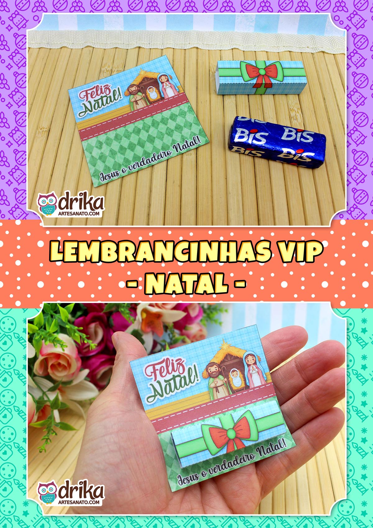 Porta-bis natalino com chocolate Bis ao lado, sobre esteira de bambu, com fundo decorativo festivo.