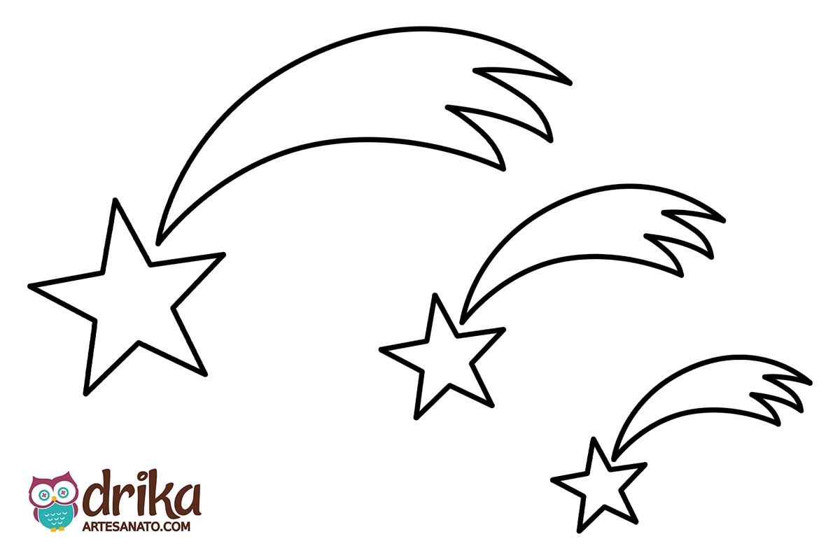 Três moldes de estrela cadente em preto e branco com contorno para imprimir em folha A4