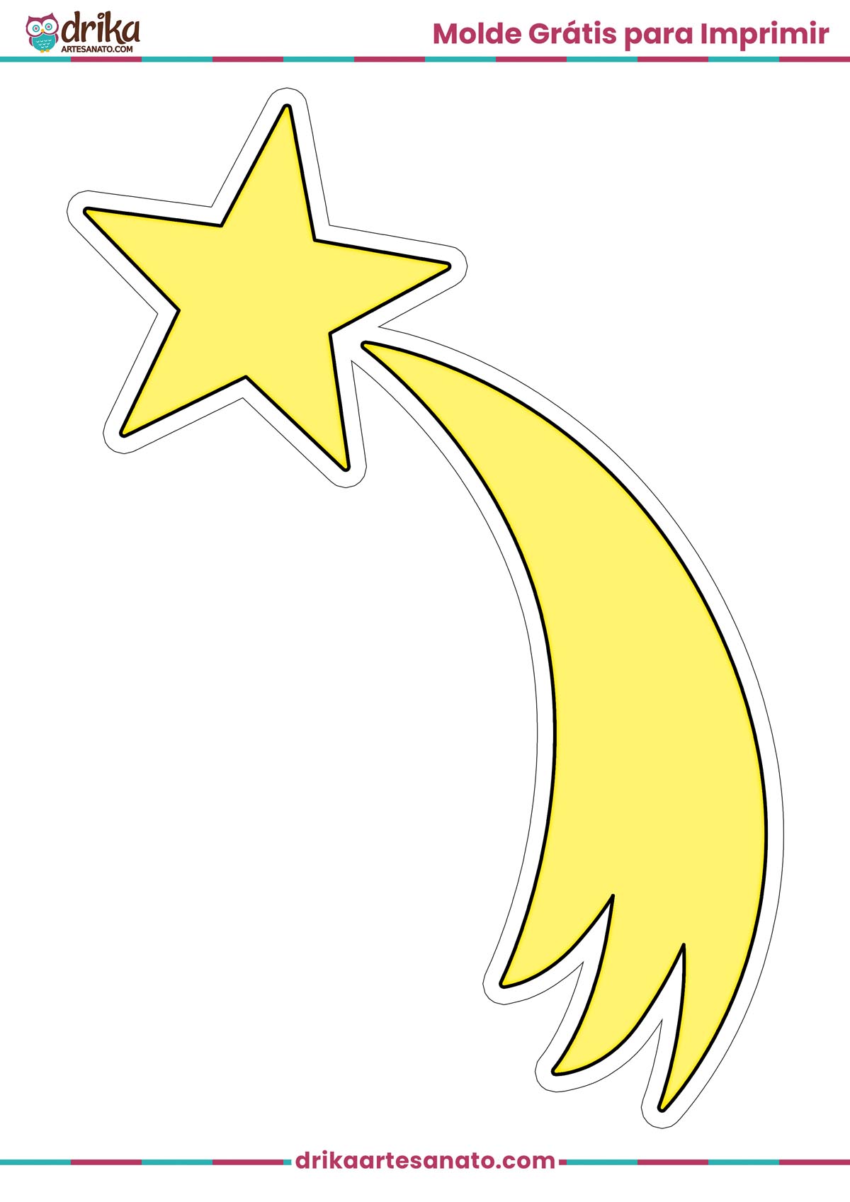 Molde de estrela cadente amarela grande para imprimir em folha A4, com contorno branco e cauda curvada.
