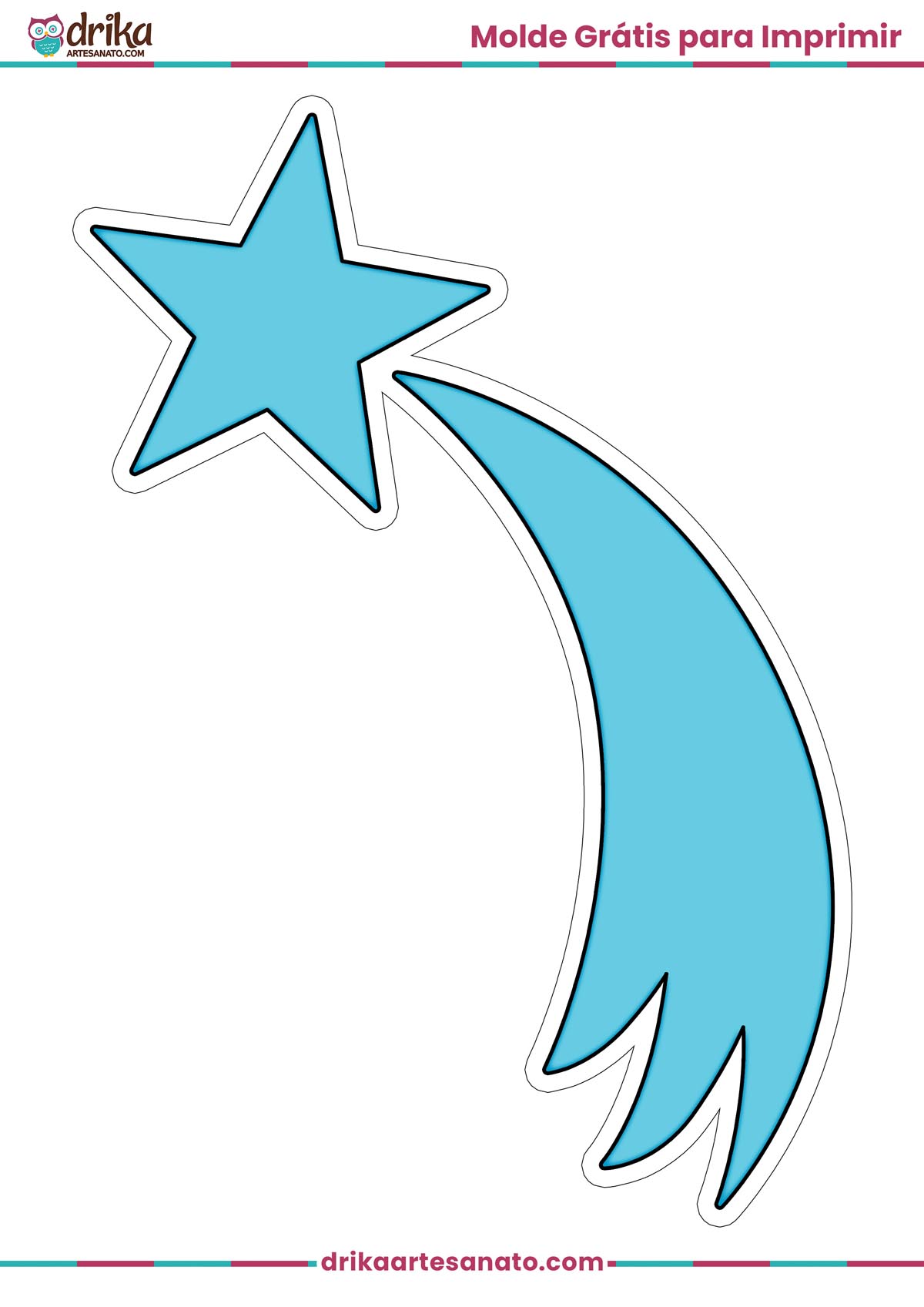 Molde de estrela cadente azul grande para imprimir em folha A4, com contorno branco e cauda curvada.
