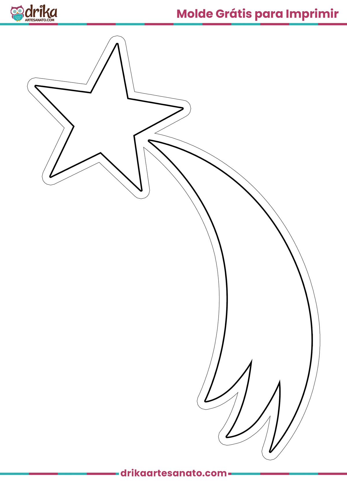 Molde de estrela cadente em preto e branco para imprimir em A4, com contorno preto e cauda curvada.
