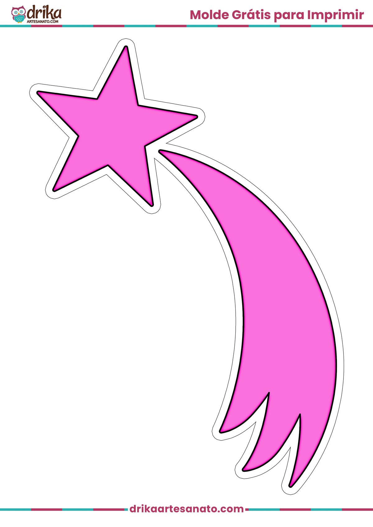Molde de estrela cadente rosa grande para imprimir em folha A4, com contorno branco e cauda curvada.