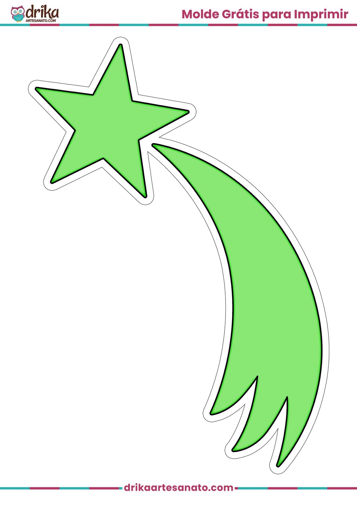 Molde de estrela cadente grande verde com contorno branco para imprimir em folha A4