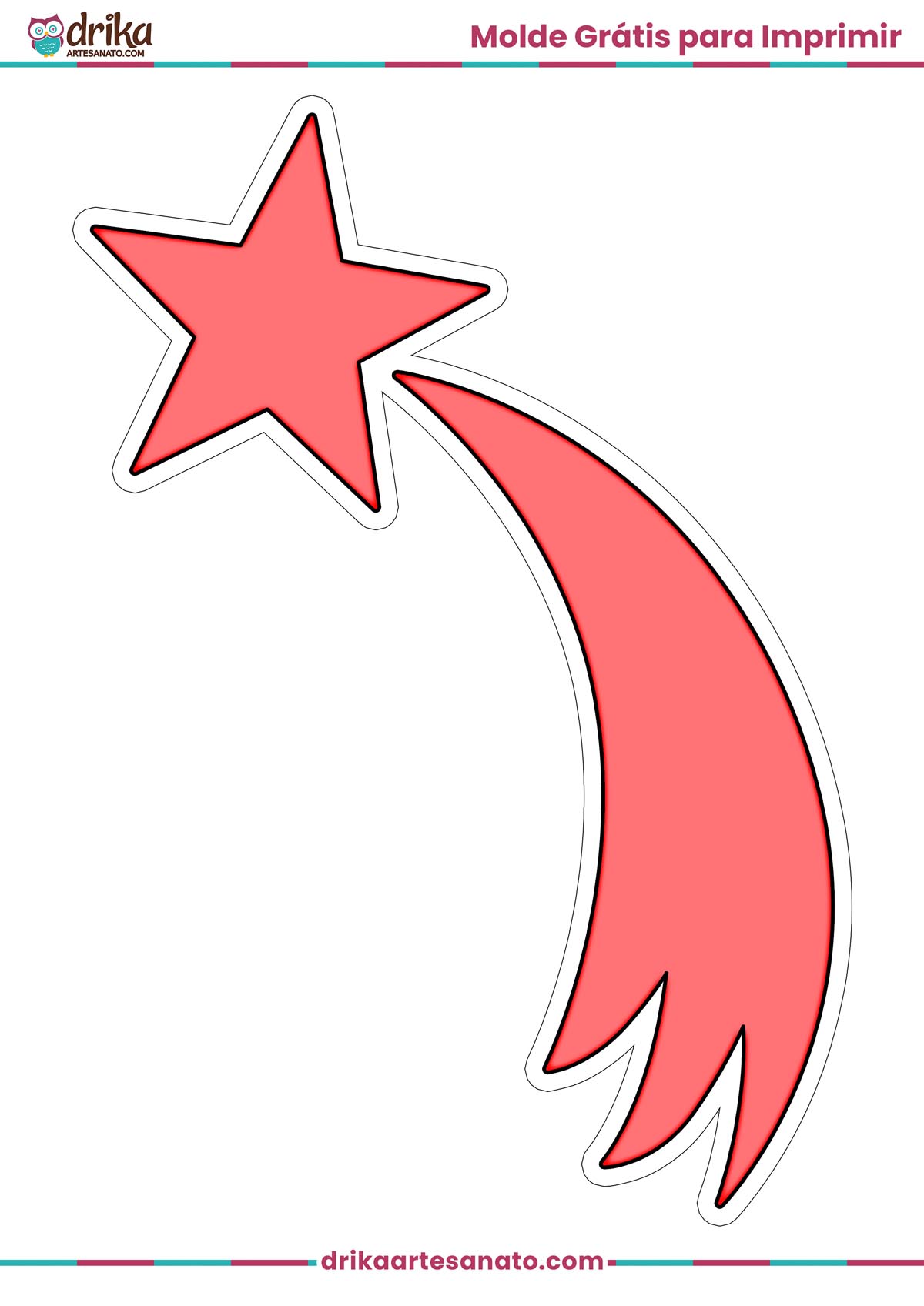 Molde de estrela cadente grande vermelha com contorno branco para imprimir em folha A4