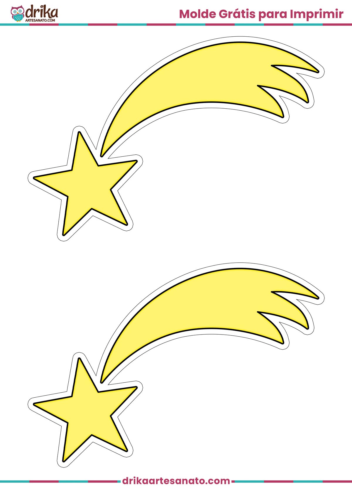 Dois moldes de estrela cadente média amarela com contorno branco para imprimir em folha A4
