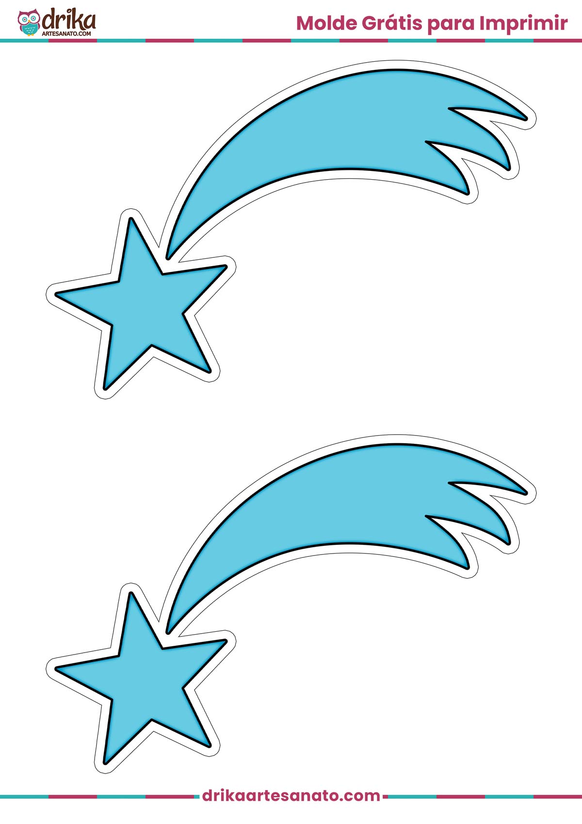 Dois moldes de estrela cadente média azul com contorno branco para imprimir em folha A4