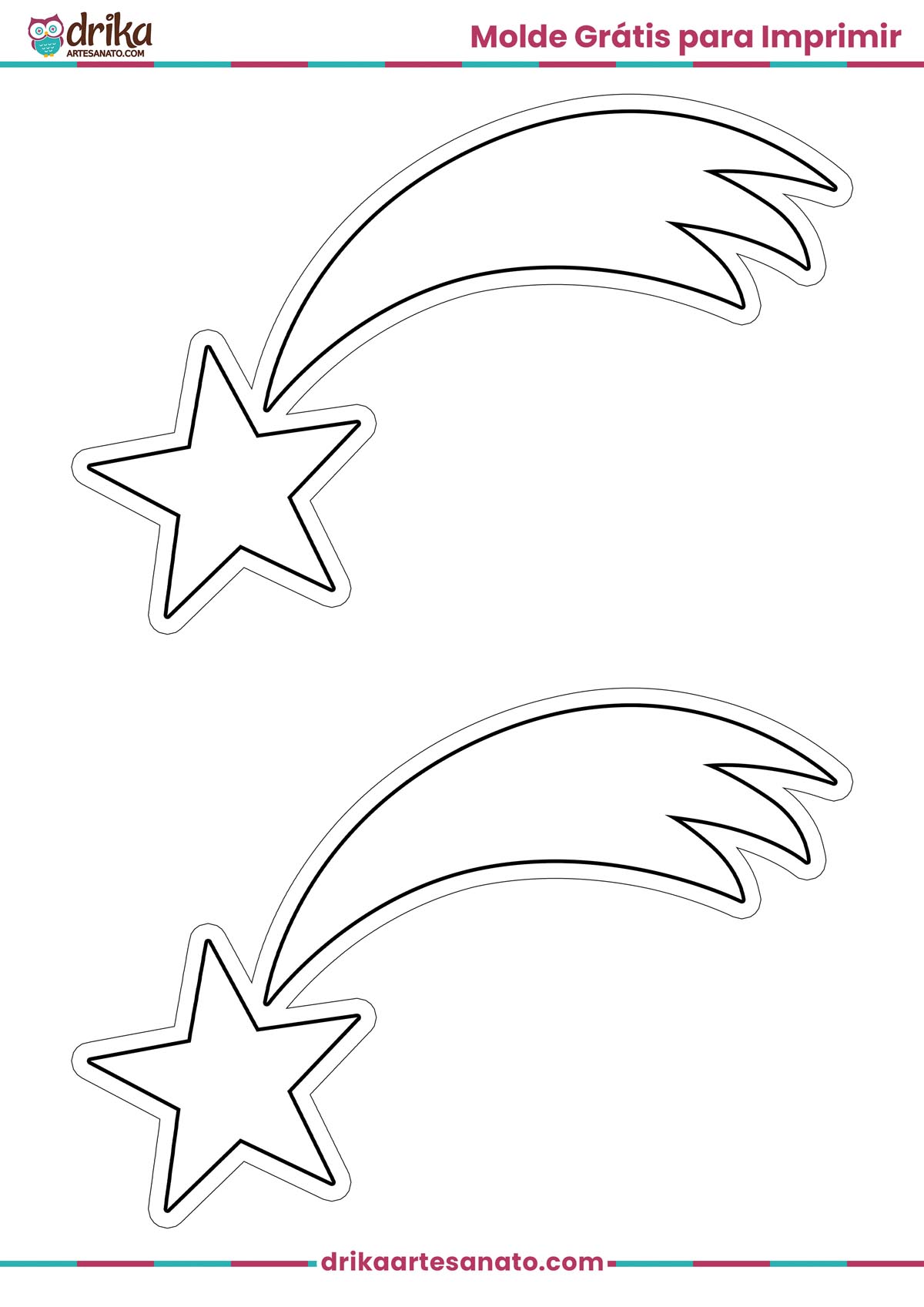 Dois moldes de estrela cadente média em preto e branco com contorno para imprimir em folha A4
