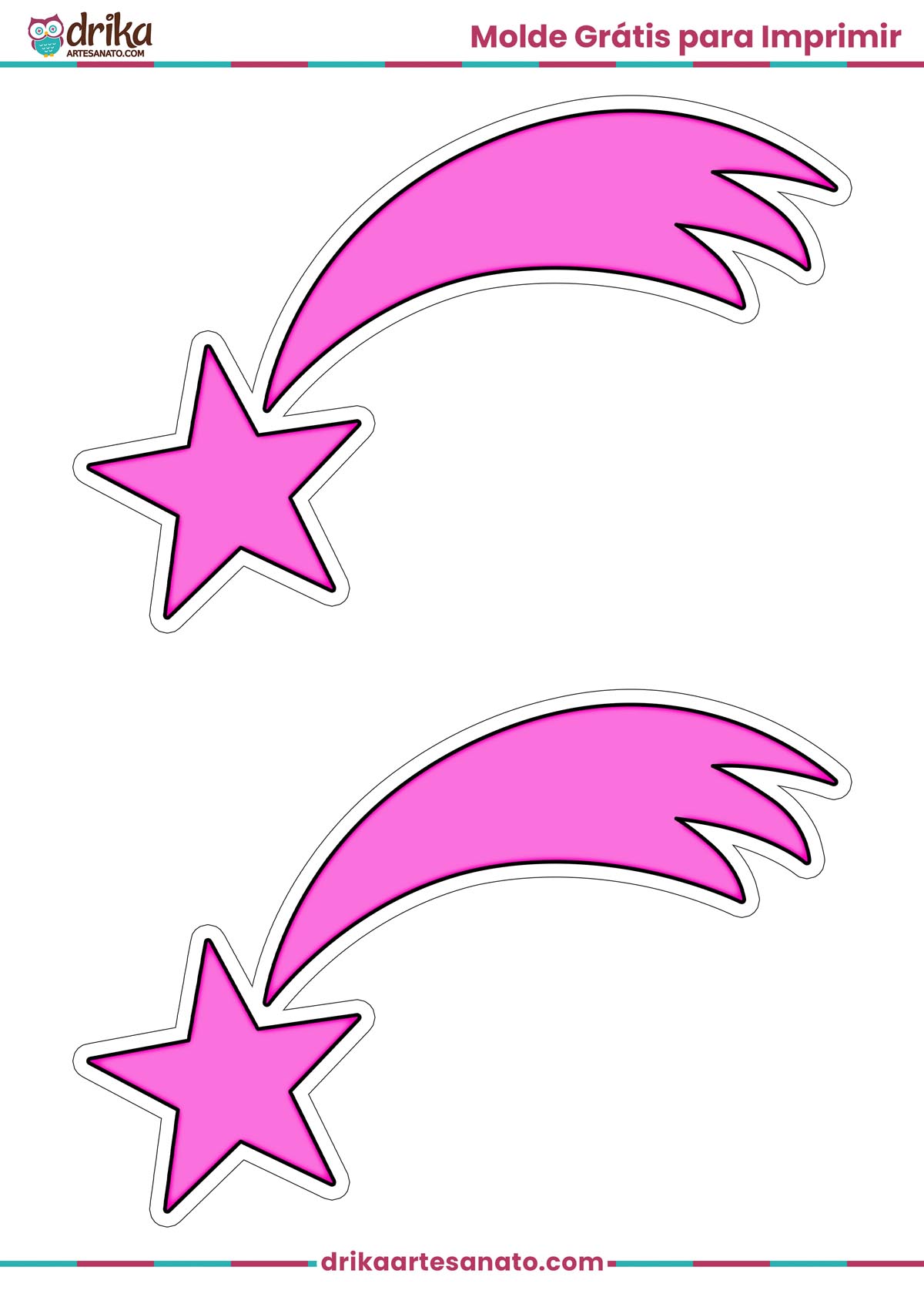 Folha A4 com dois moldes de estrela cadente rosa de tamanho médio com contorno branco para imprimir