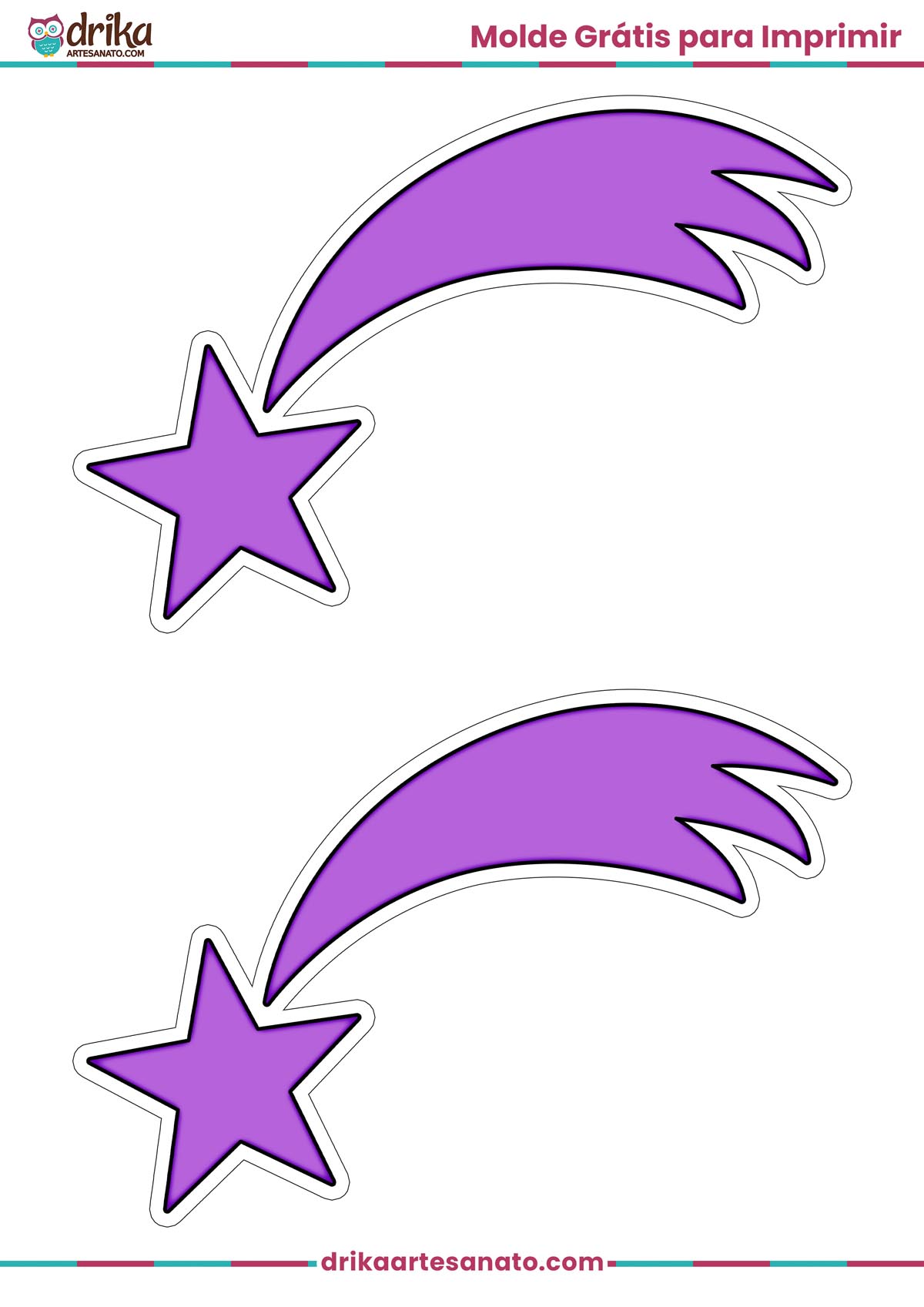 Folha A4 com dois moldes de estrela cadente roxa de tamanho médio com contorno branco para imprimir