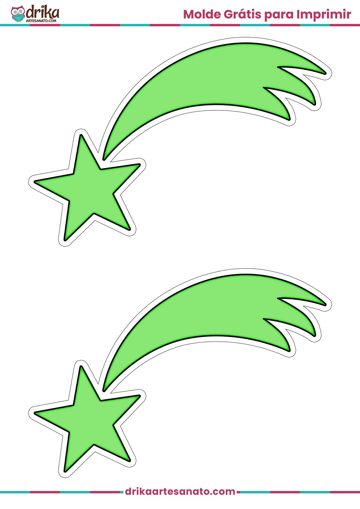 Folha A4 com dois moldes de estrela cadente verde de tamanho médio com contorno branco para imprimir