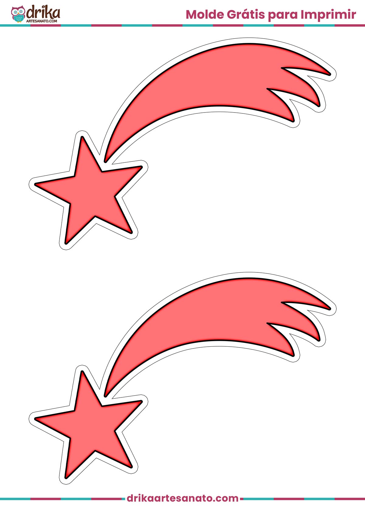 Folha A4 com dois moldes de estrela cadente vermelha de tamanho médio com contorno branco para imprimir