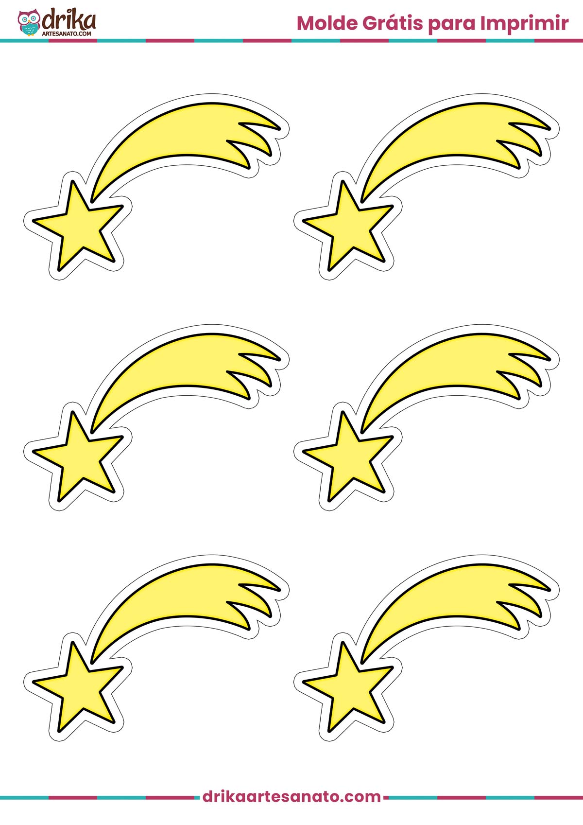 Folha A4 com seis moldes de estrela cadente amarela pequena com contorno preto para imprimir