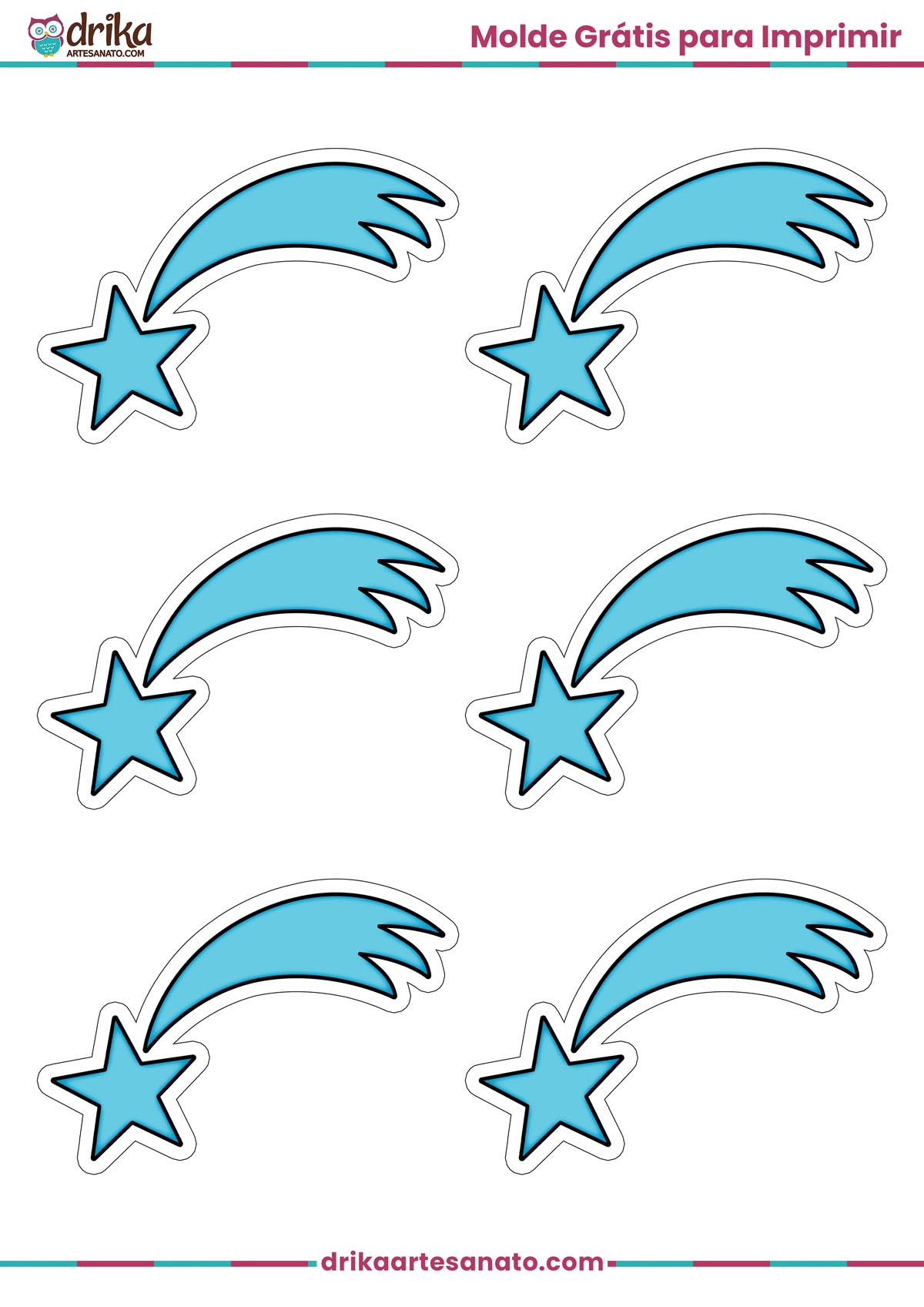 Seis moldes de estrela cadente pequena azul em folha A4, prontos para imprimir e usar em artesanato.