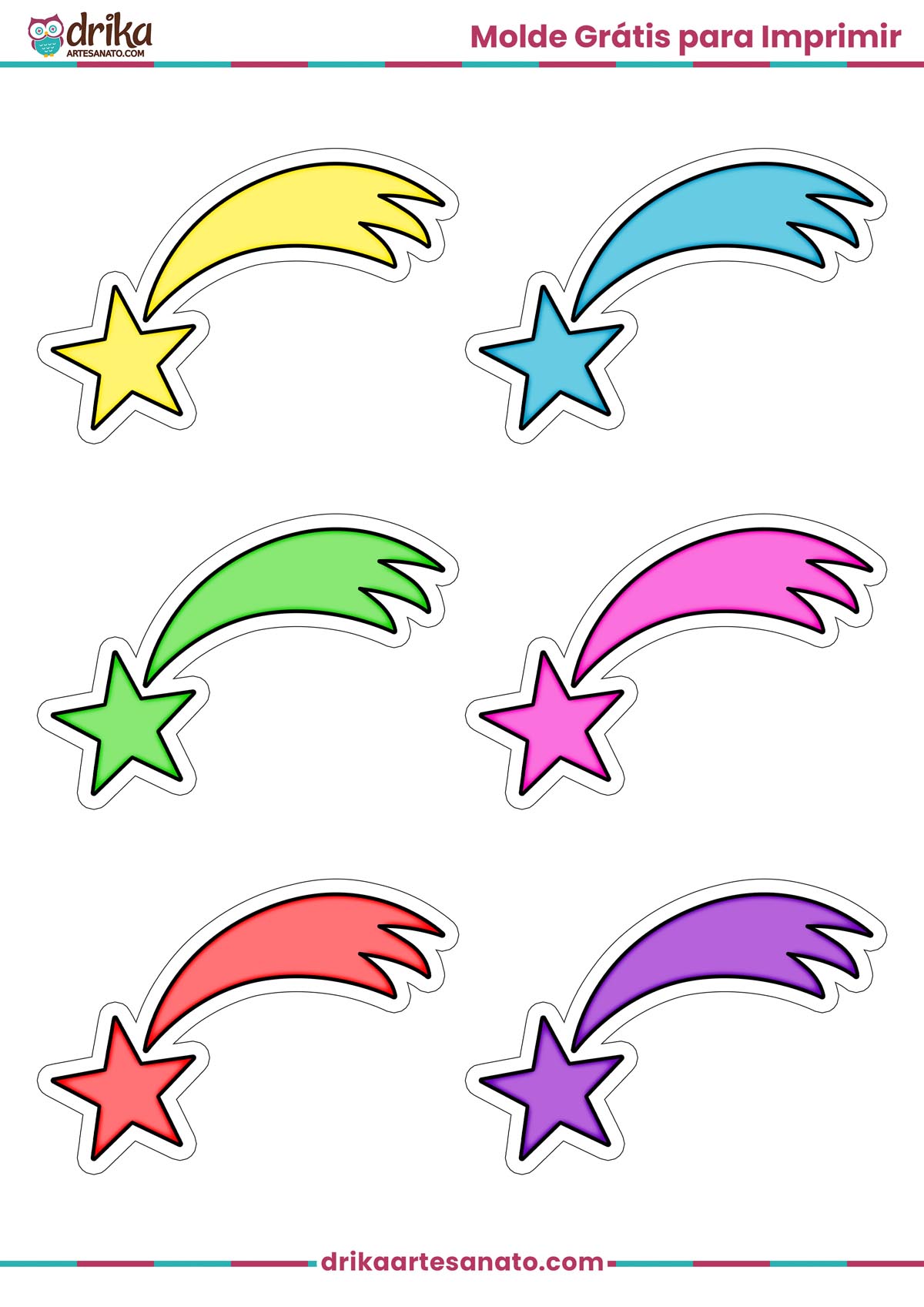 Folha A4 com seis moldes de estrela cadente pequena colorida: amarelo, azul, verde, rosa, vermelho e roxo.