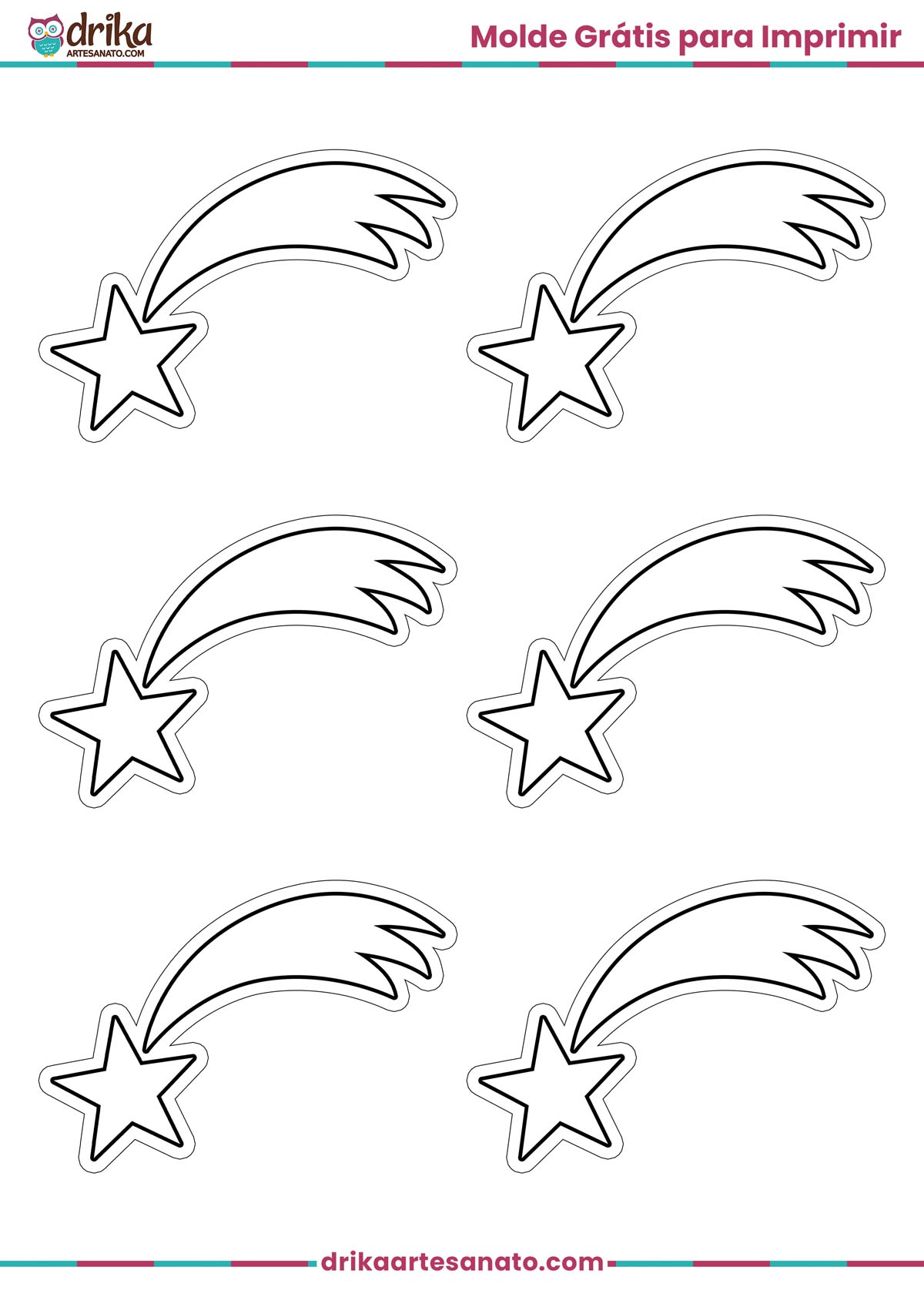 Seis moldes de estrela cadente pequena em preto e branco para imprimir e colorir em folha A4.