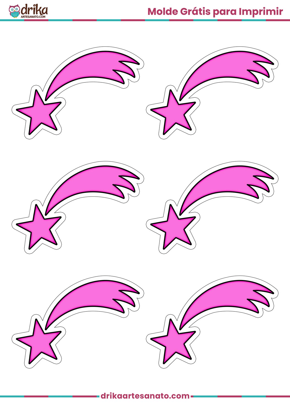 Seis moldes de estrela cadente pequena rosa em folha A4, prontos para imprimir e usar em artesanato.