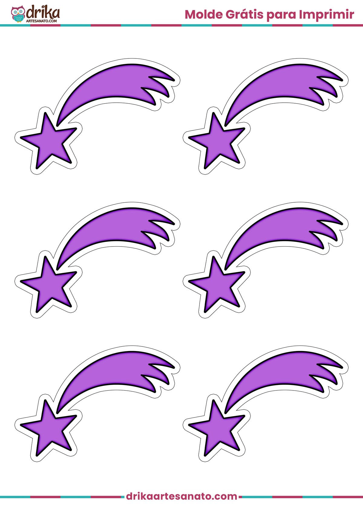 Seis moldes de estrela cadente pequena roxa em folha A4, prontos para imprimir e usar em artesanato.