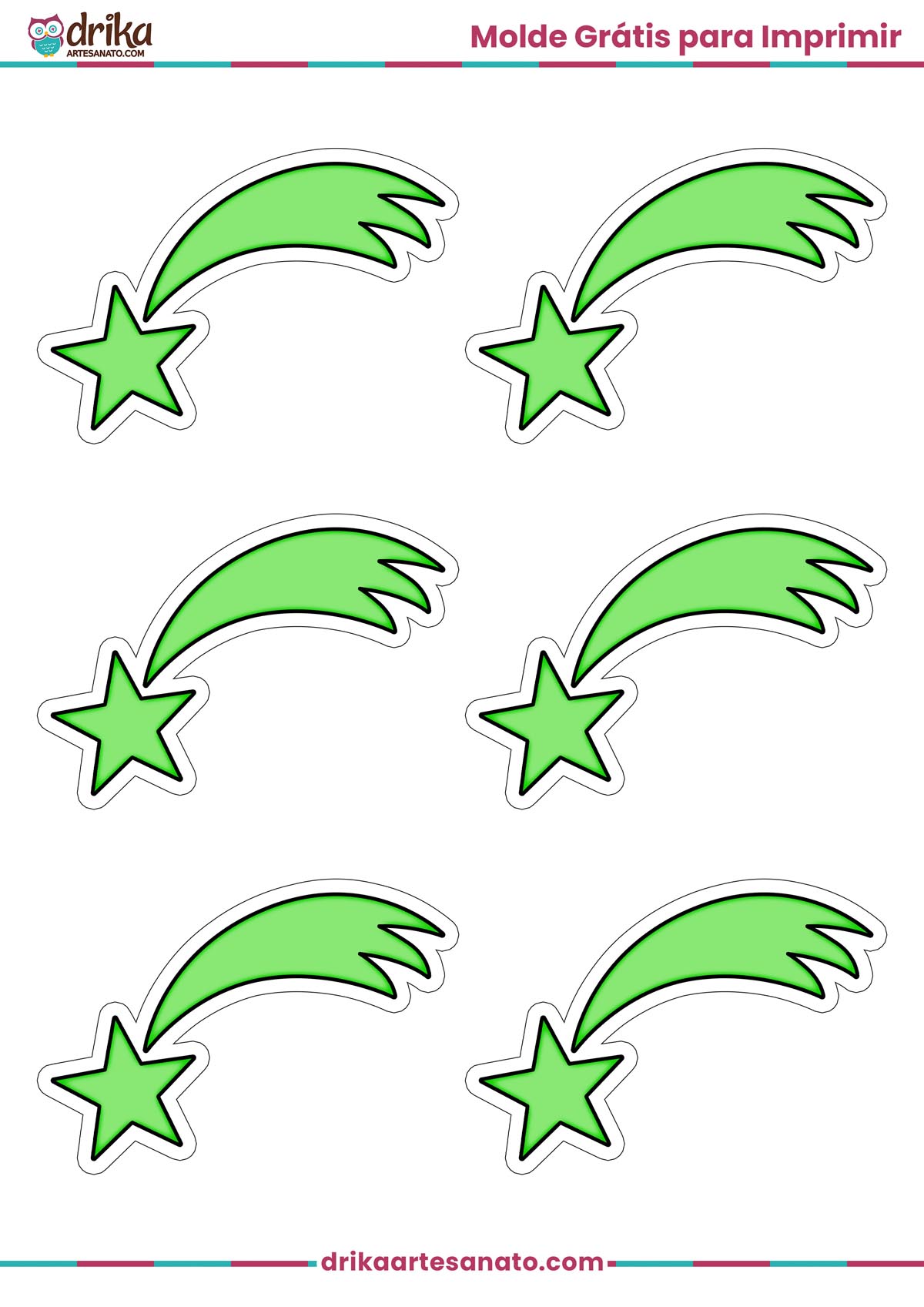 Folha A4 com seis moldes de estrelas cadentes pequenas verdes com contorno preto, prontas para imprimir