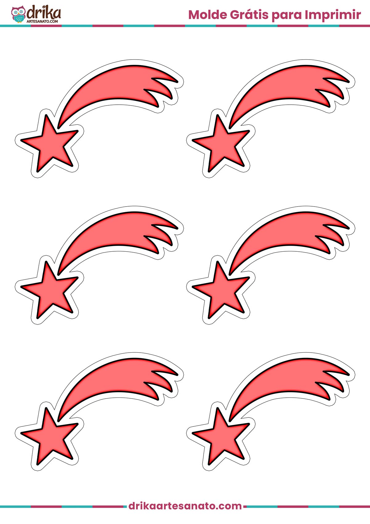 Folha A4 com seis moldes de estrelas cadentes pequenas vermelhas com contorno preto, prontas para imprimir
