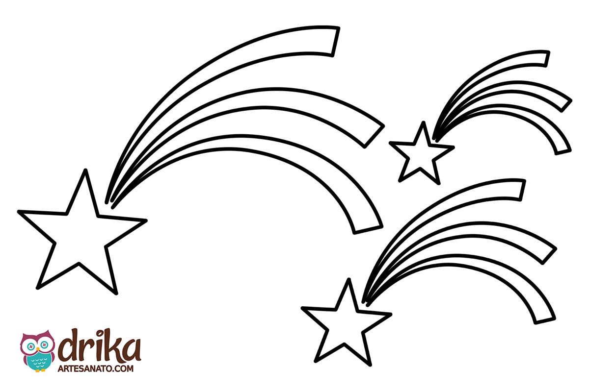 Três moldes de estrela cadente em preto e branco para imprimir em folha A4, com cauda com três linhas curvas.