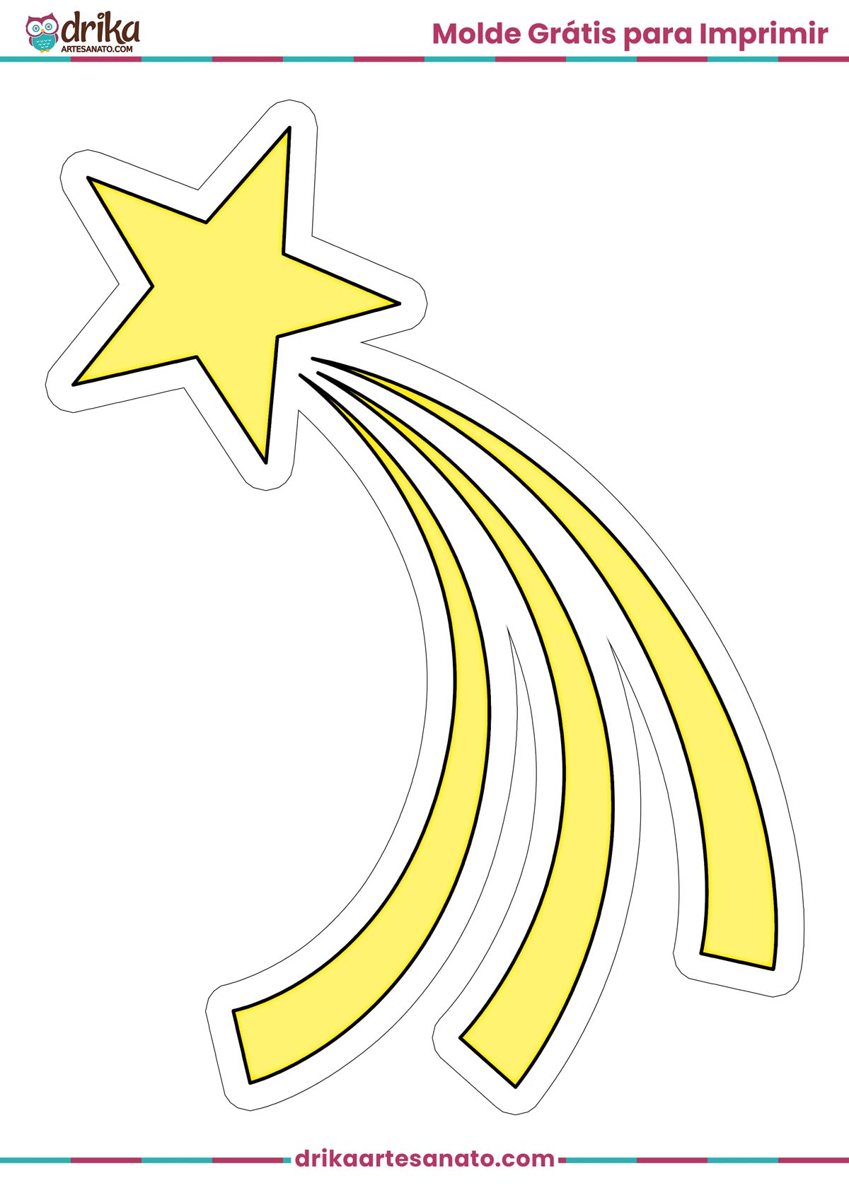 Molde de estrela cadente amarela grande para imprimir em folha A4, com contorno branco.