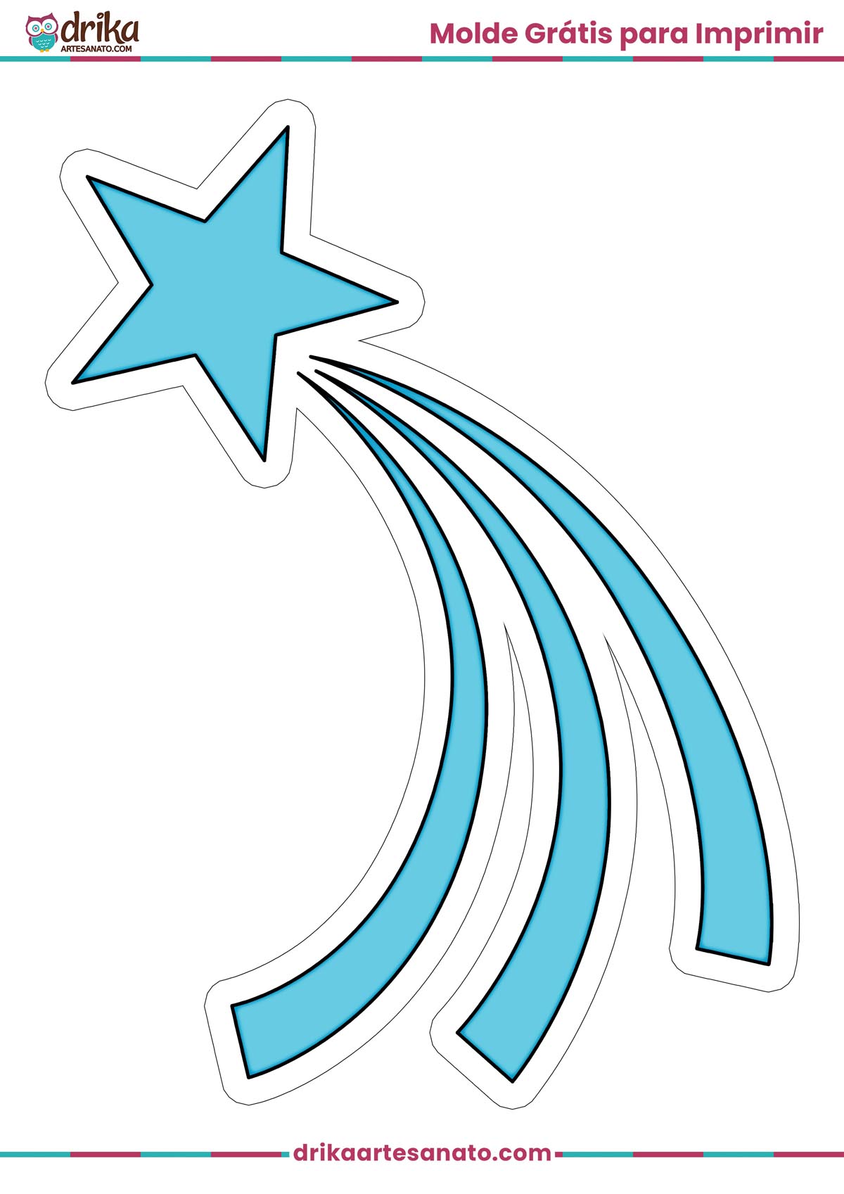 Molde de estrela cadente azul grande para imprimir em folha A4, com contorno branco.