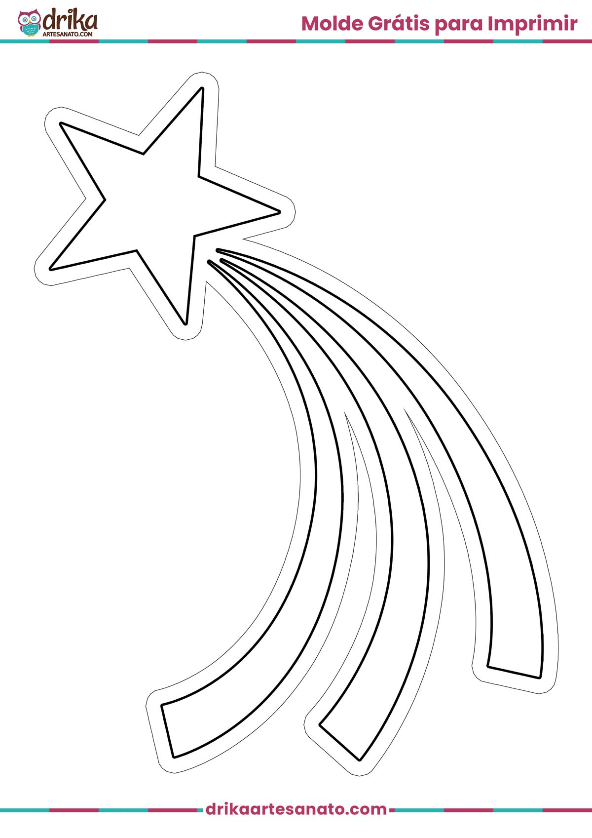 Molde de estrela cadente grande em preto e branco para imprimir em folha A4, com contorno branco.