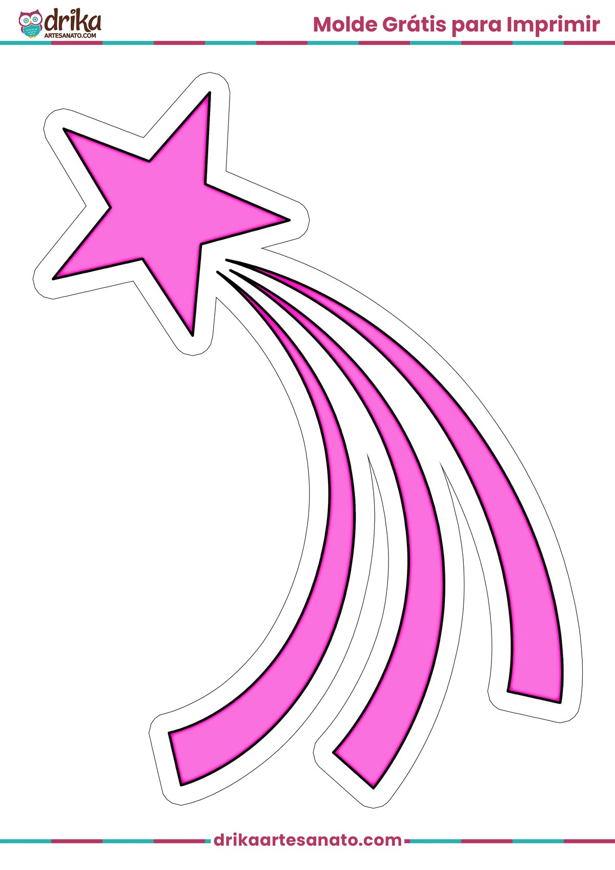Molde de estrela cadente rosa grande para imprimir em folha A4, com contorno branco.