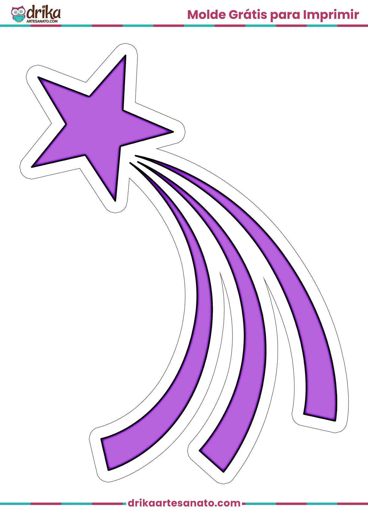 Molde de estrela cadente roxa grande para imprimir em folha A4, com contorno branco.