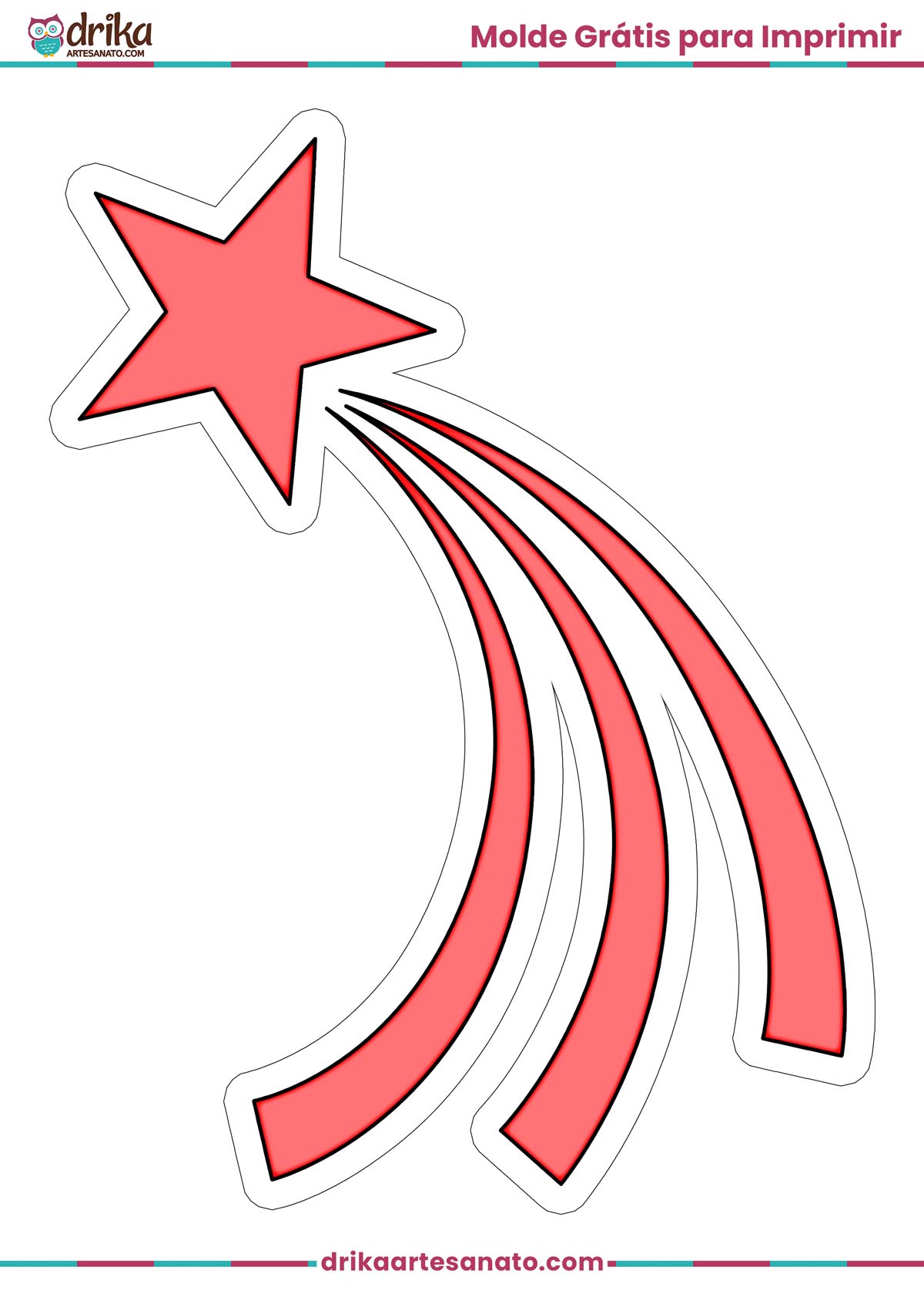 Molde de estrela cadente grande vermelha para imprimir em folha A4, com contorno branco e cauda com três linhas curvas.