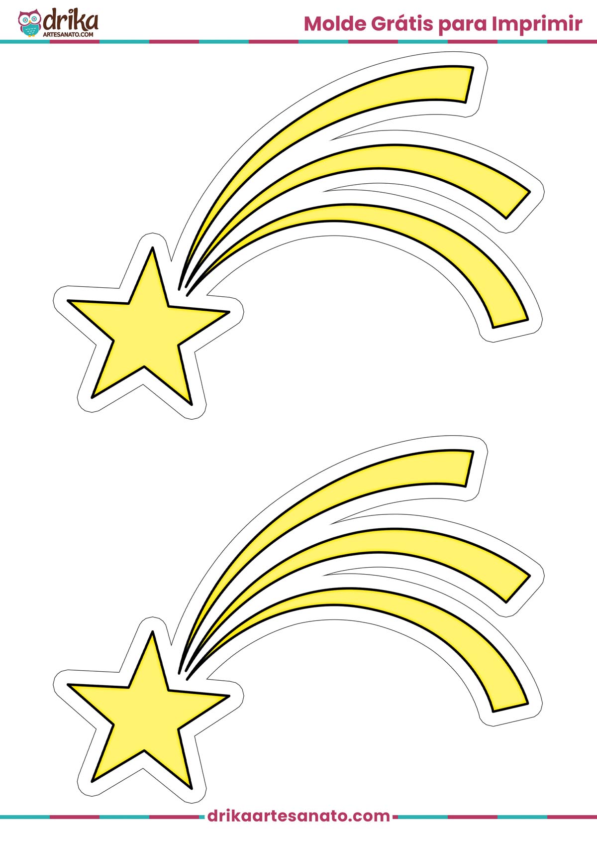 Dois moldes de estrela cadente média amarela para imprimir em folha A4, com contorno branco e cauda com três linhas curvas.