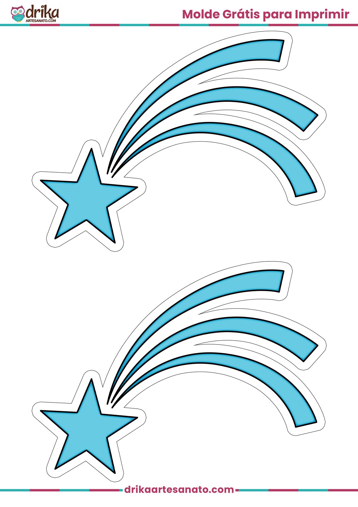 Dois moldes de estrela cadente média azul para imprimir em folha A4, com contorno branco e cauda com três linhas curvas.