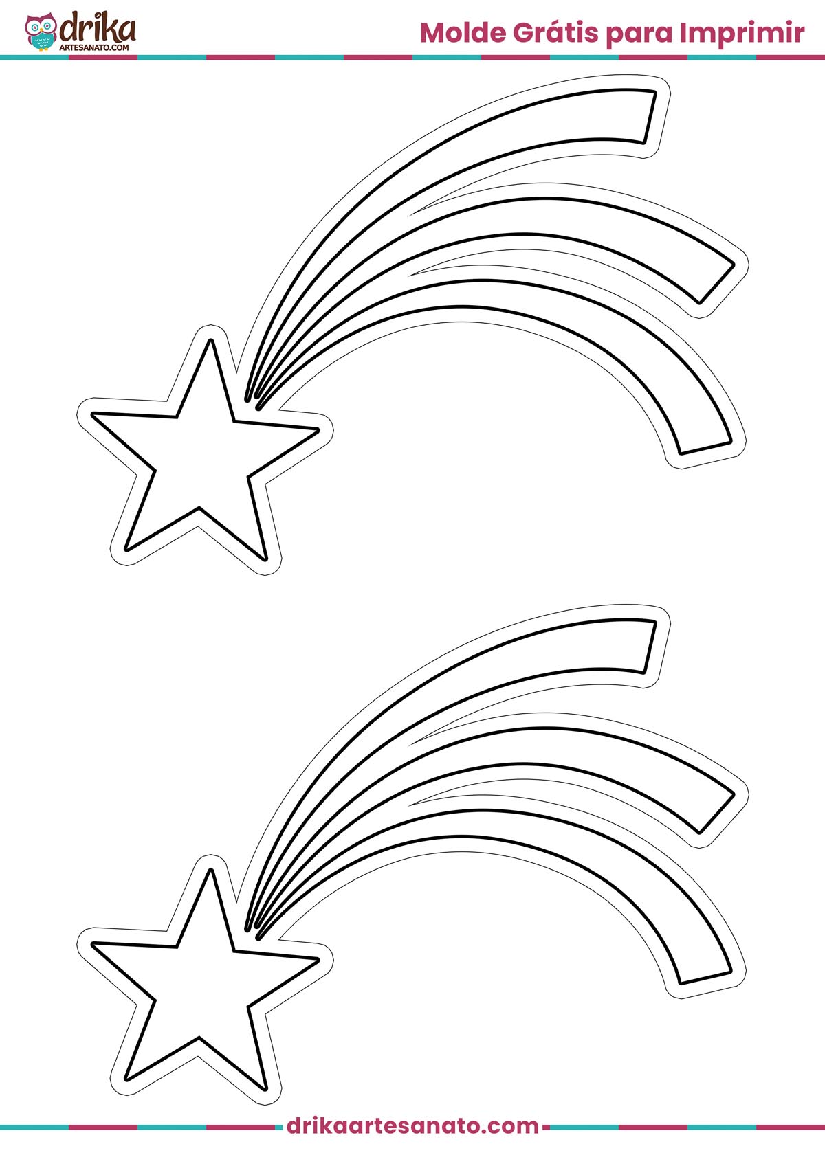 Dois moldes de estrela cadente média em preto e branco para imprimir em folha A4, com cauda com três linhas curvas.