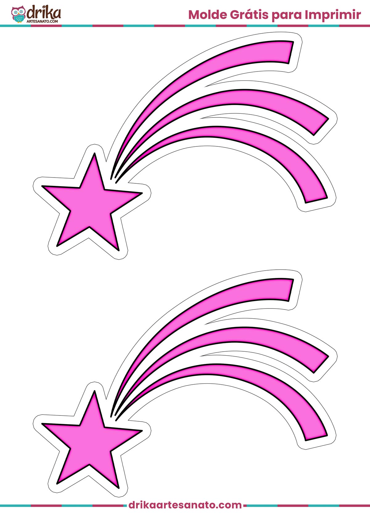 Folha A4 com dois moldes de estrela cadente rosa de tamanho médio com contorno branco