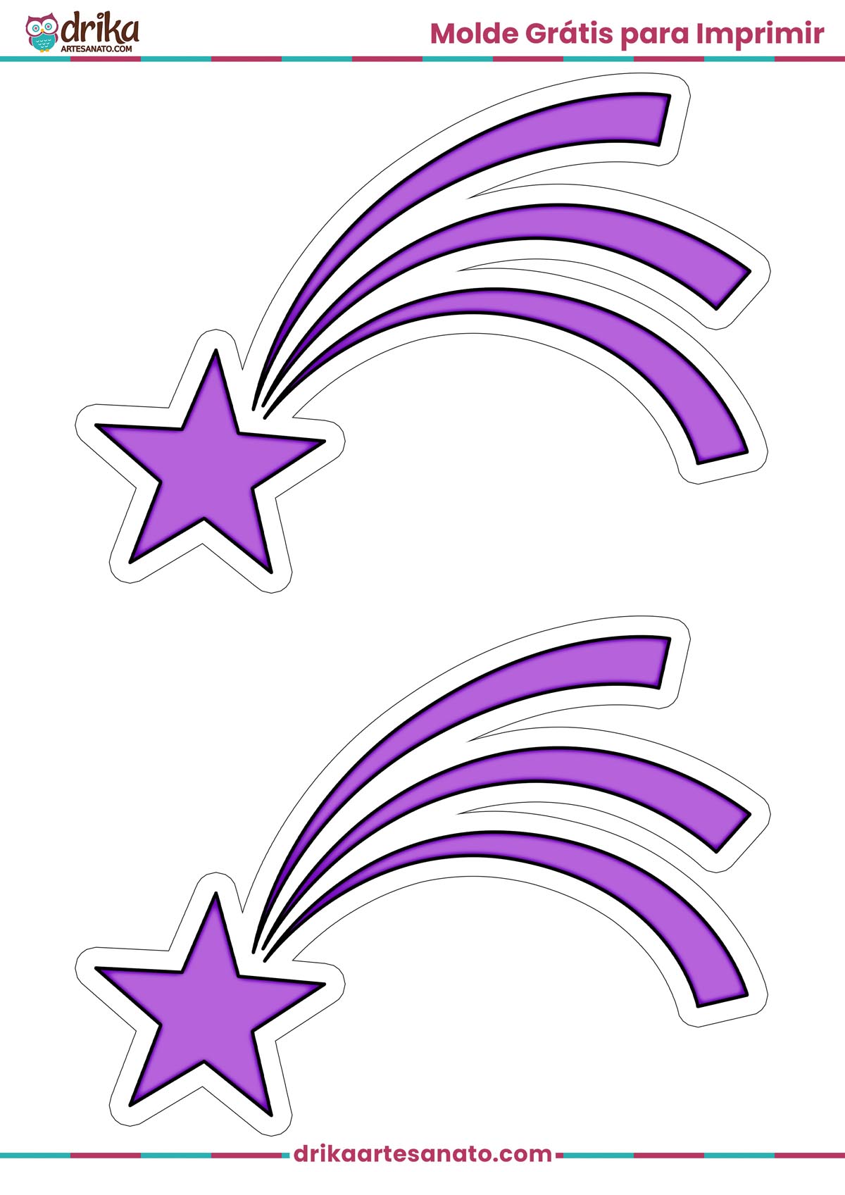 Folha A4 com dois moldes de estrela cadente roxa de tamanho médio com contorno branco