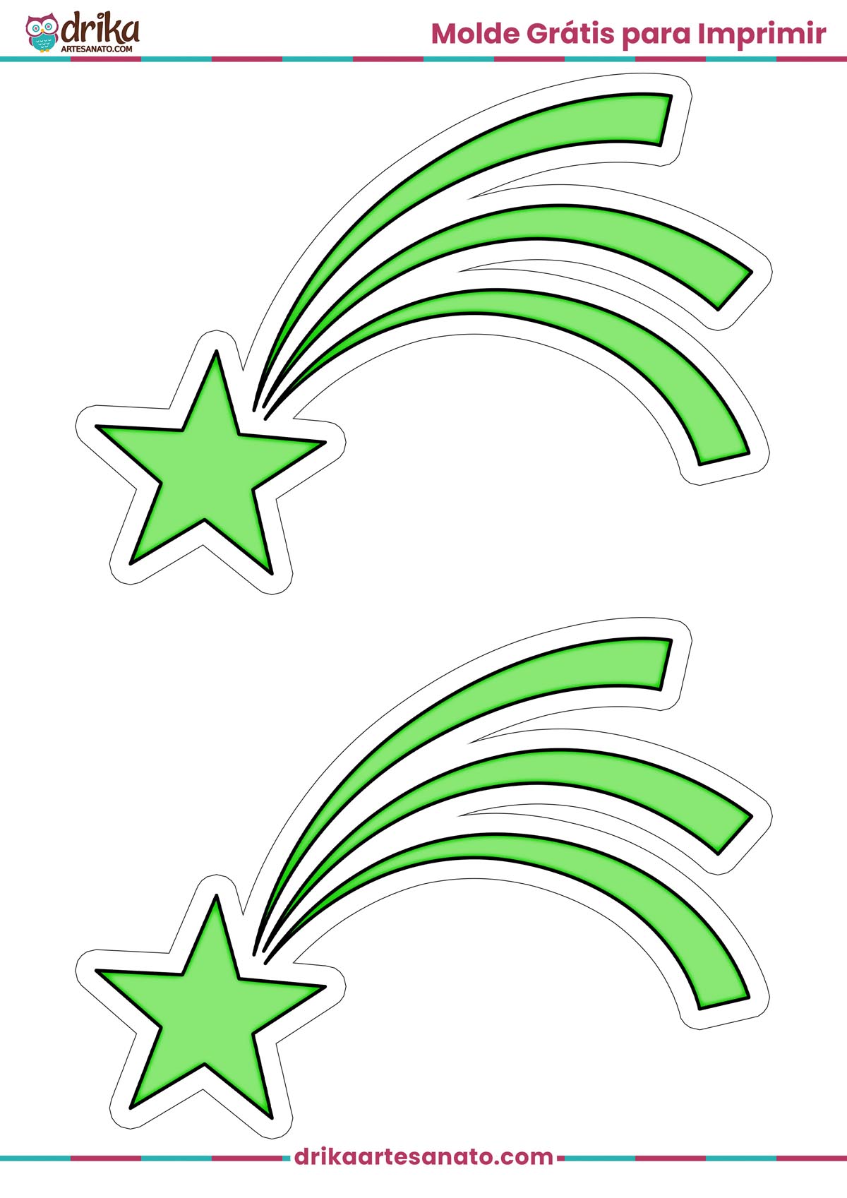 Folha A4 com dois moldes de estrela cadente verde de tamanho médio com contorno branco