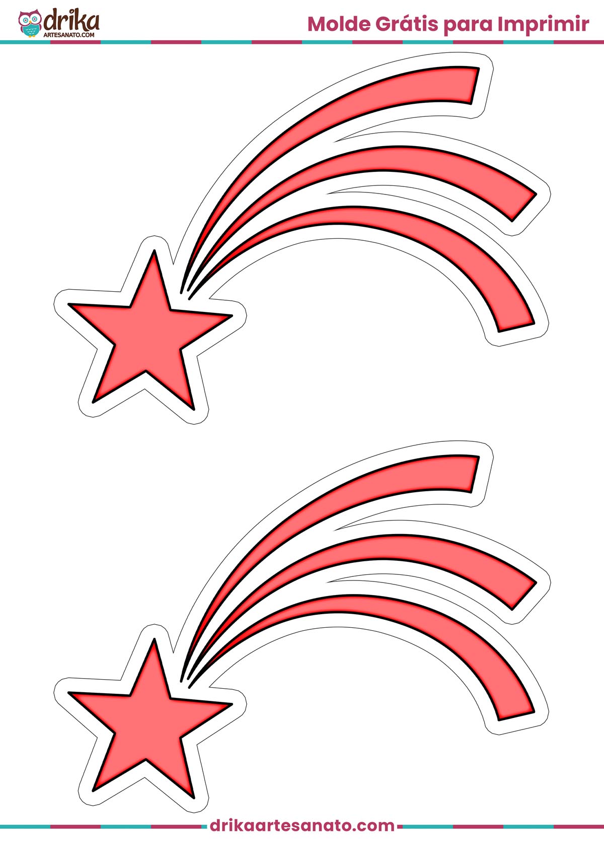 Folha A4 com dois moldes de estrela cadente vermelha de tamanho médio com contorno branco