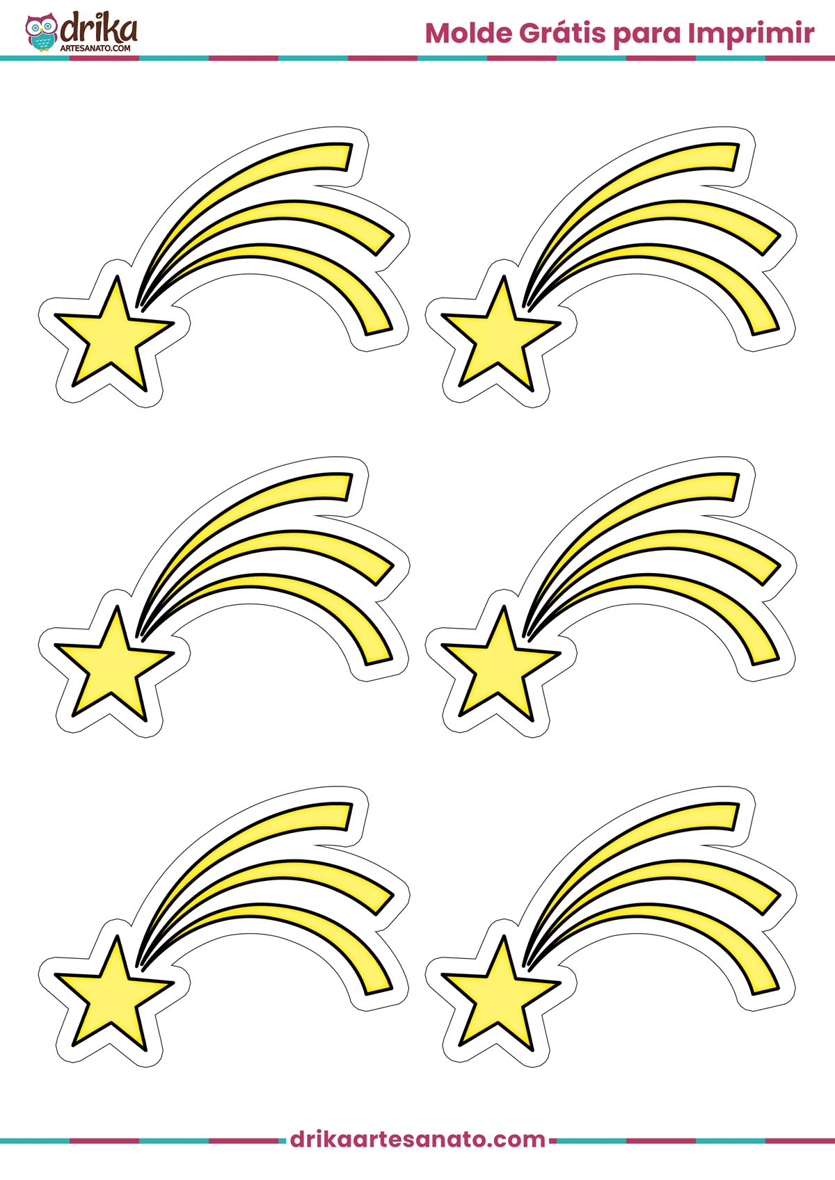 Folha A4 com seis moldes de estrela cadente amarela de tamanho pequeno com contorno branco