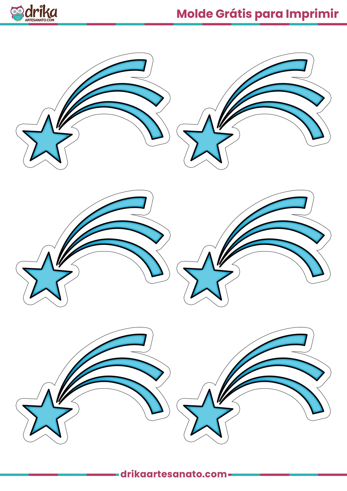 Molde para imprimir com seis estrelas cadentes azuis pequenas em folha A4