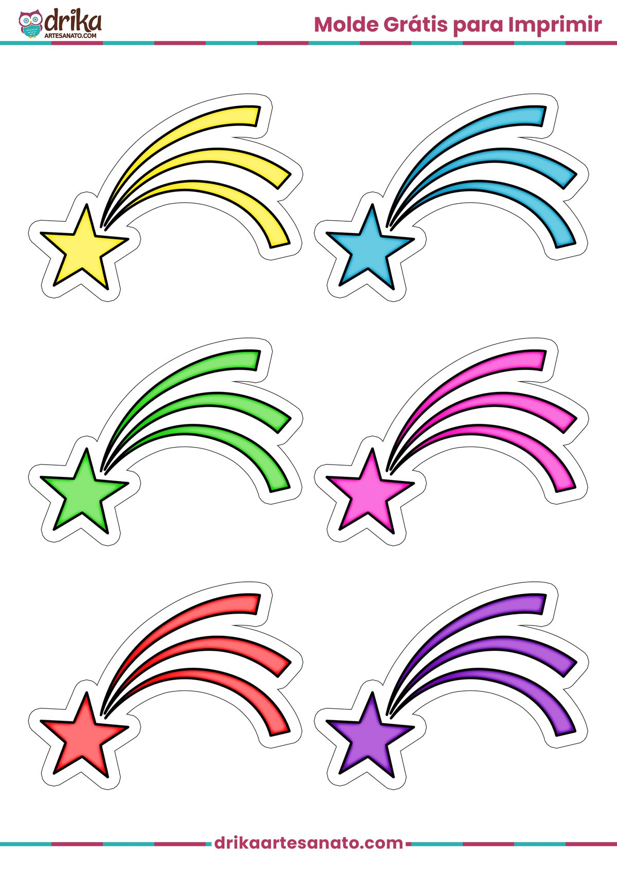 Molde para imprimir com seis estrelas cadentes pequenas coloridas em folha A4