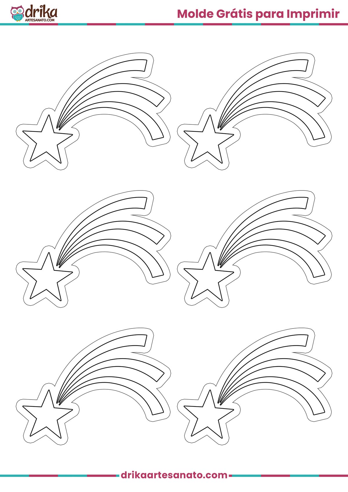 Molde para imprimir com seis estrelas cadentes pequenas em preto e branco em folha A4